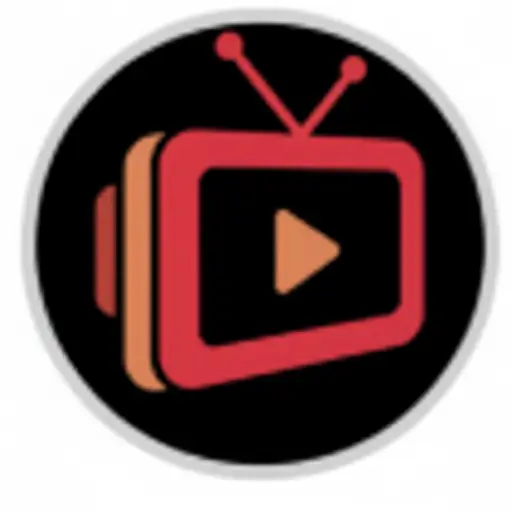 watchseries - Red TV icon with a play button on the screen and several stacked rectangles behind it, suggesting multiple videos or series, all within a black circle